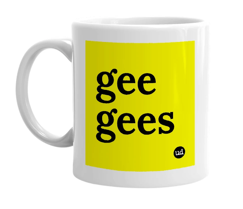 White mug with 'gee gees' in bold black letters