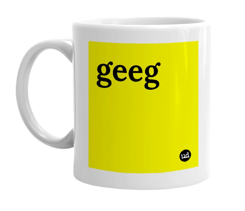 White mug with 'geeg' in bold black letters