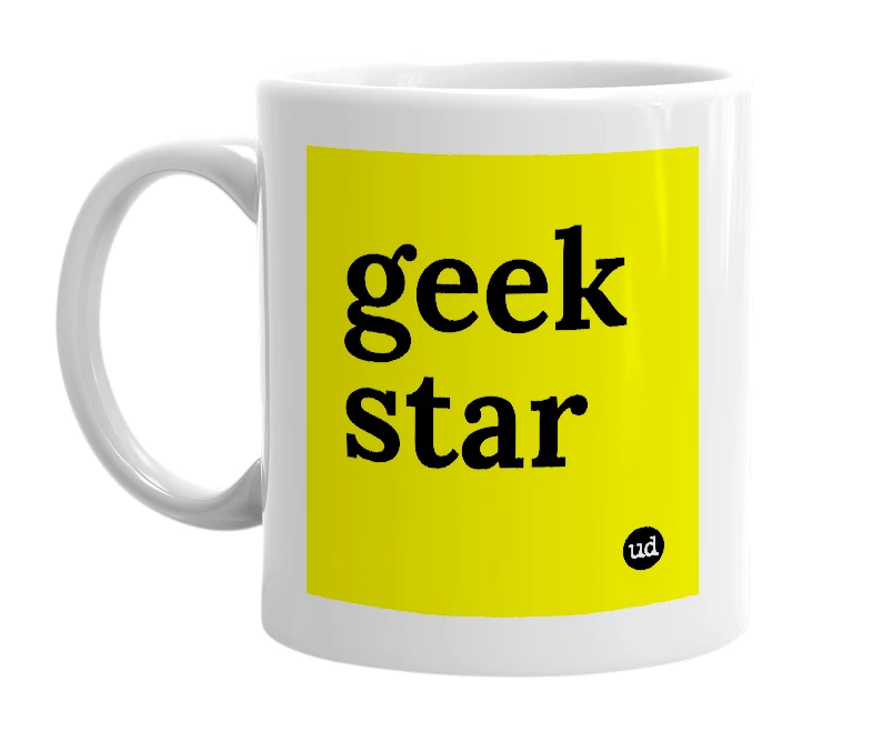 White mug with 'geek star' in bold black letters