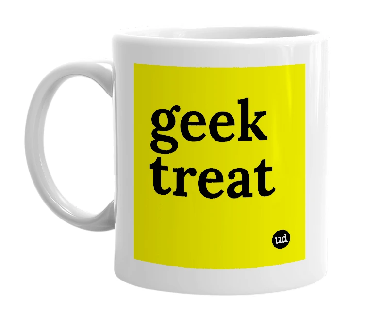 White mug with 'geek treat' in bold black letters