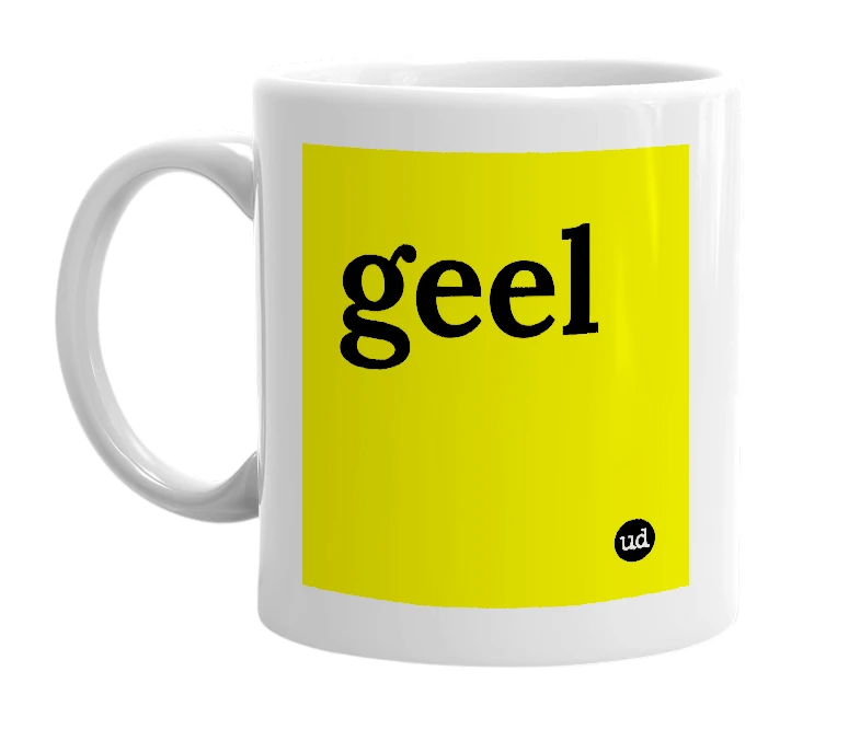 White mug with 'geel' in bold black letters