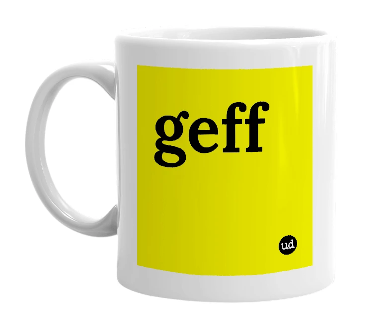 White mug with 'geff' in bold black letters