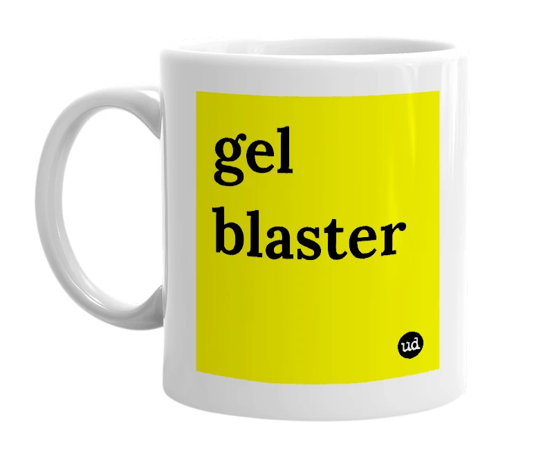 White mug with 'gel blaster' in bold black letters