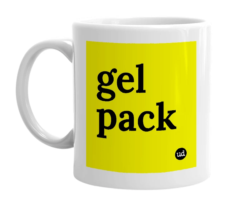 White mug with 'gel pack' in bold black letters