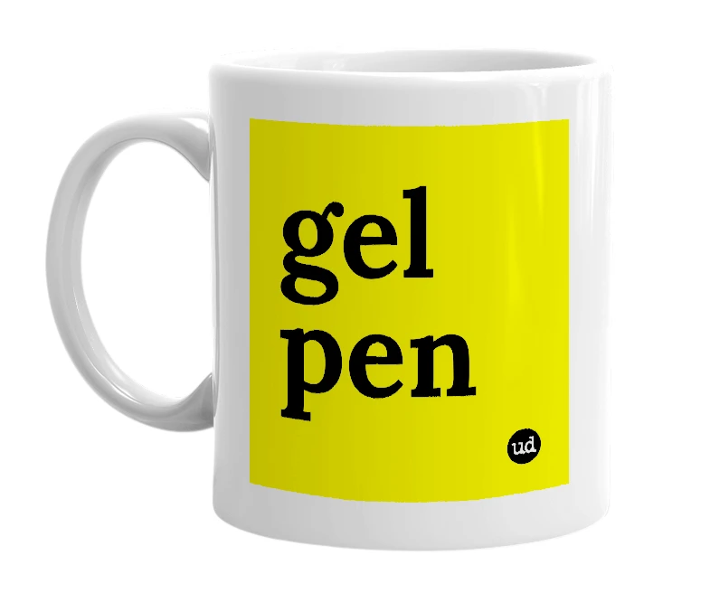 White mug with 'gel pen' in bold black letters