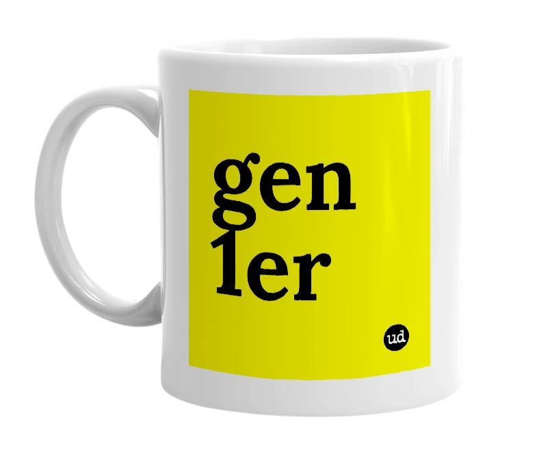 White mug with 'gen 1er' in bold black letters