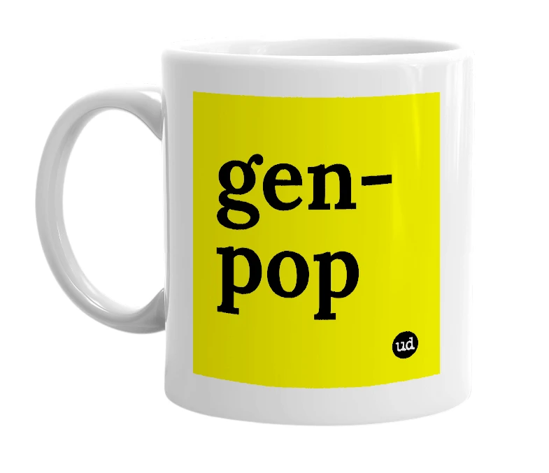 White mug with 'gen-pop' in bold black letters