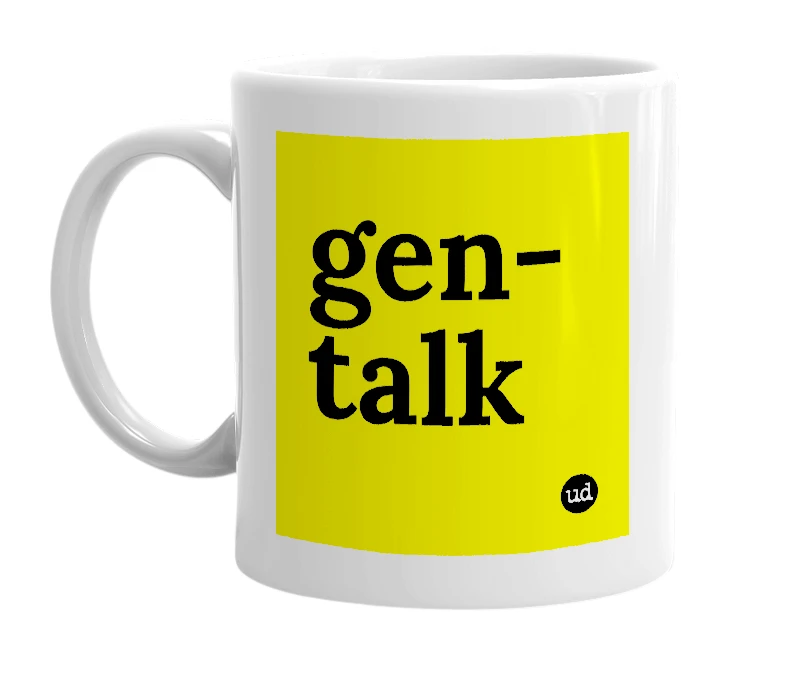 White mug with 'gen-talk' in bold black letters