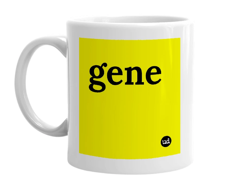 White mug with 'gene' in bold black letters