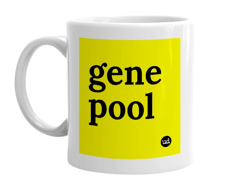 White mug with 'gene pool' in bold black letters