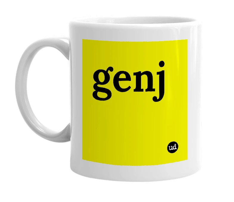 White mug with 'genj' in bold black letters