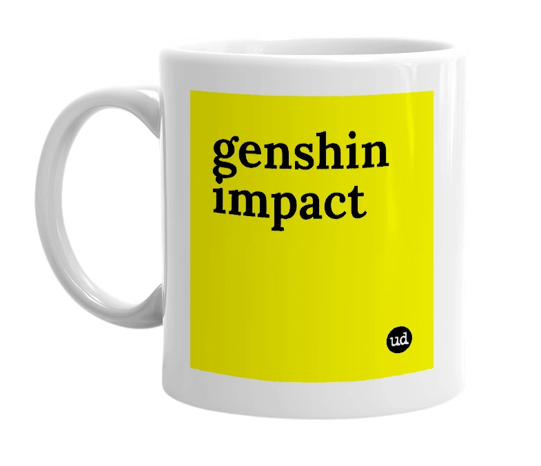 White mug with 'genshin impact' in bold black letters