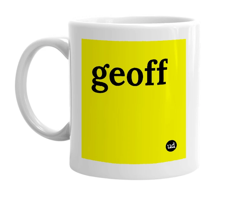 White mug with 'geoff' in bold black letters