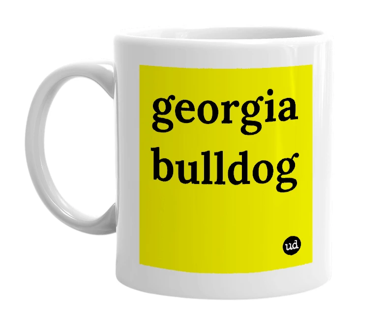 White mug with 'georgia bulldog' in bold black letters