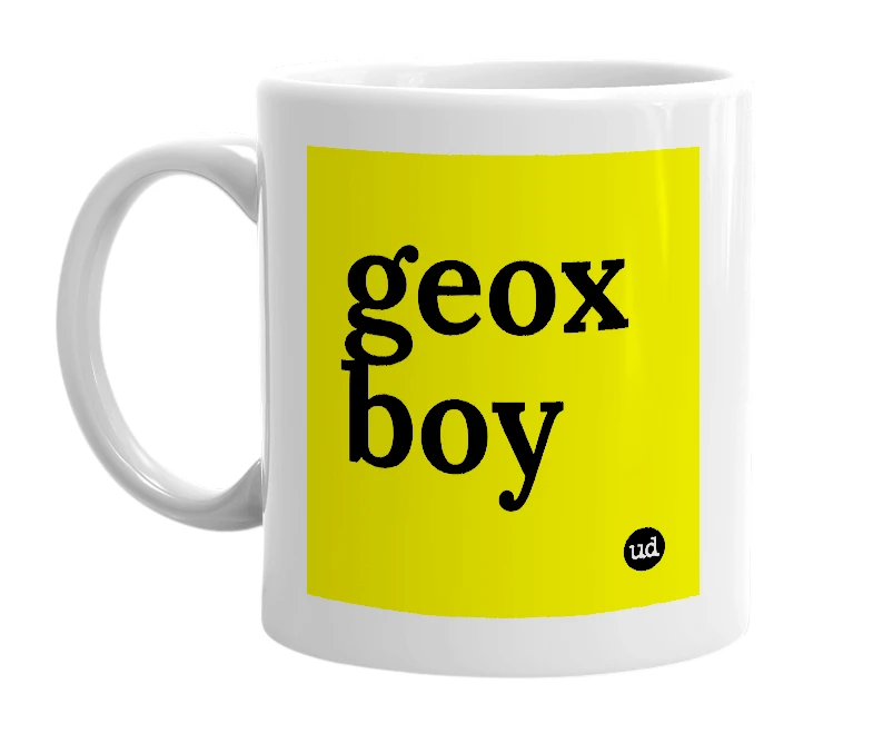 White mug with 'geox boy' in bold black letters
