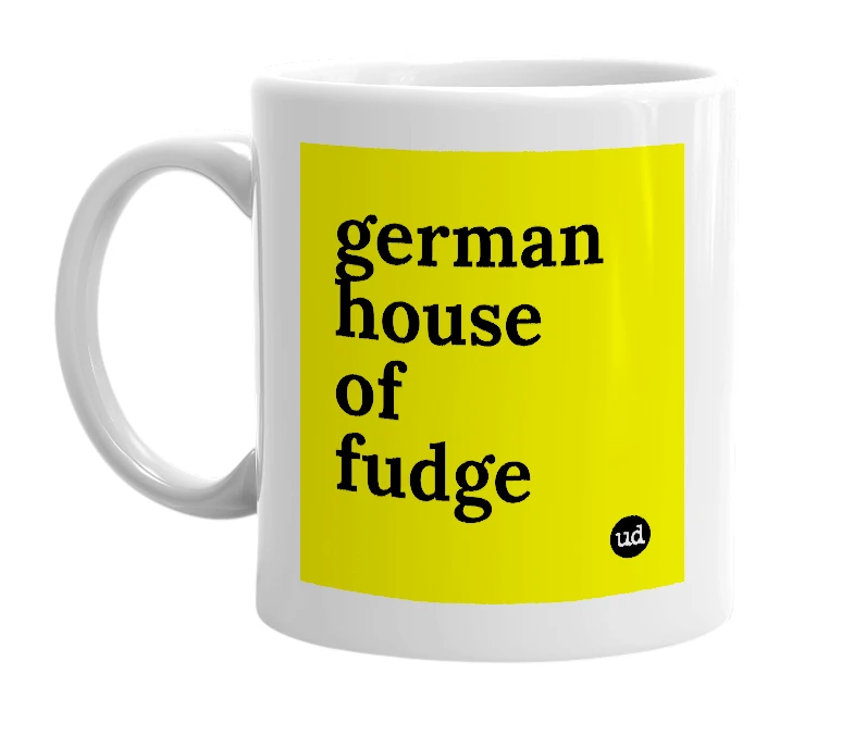 White mug with 'german house of fudge' in bold black letters