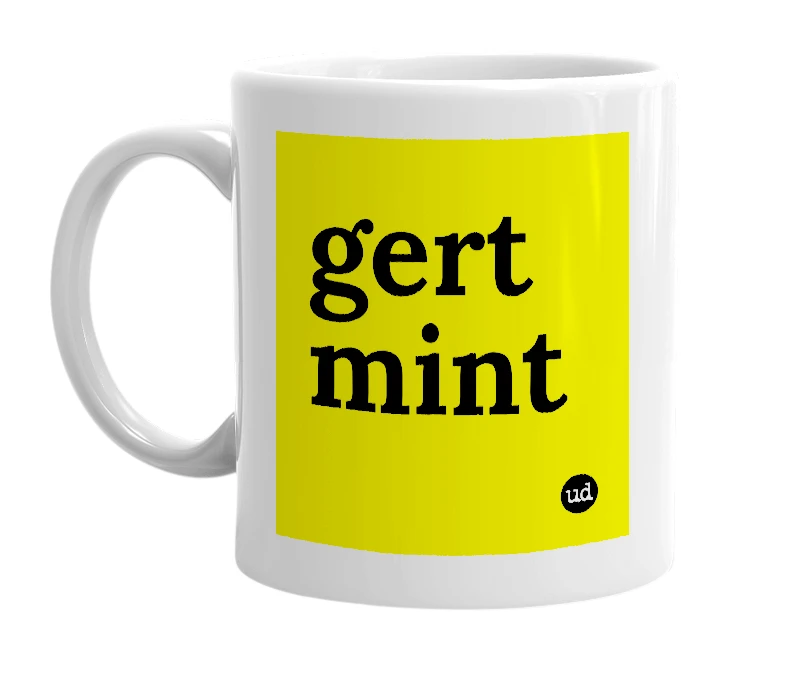 White mug with 'gert mint' in bold black letters