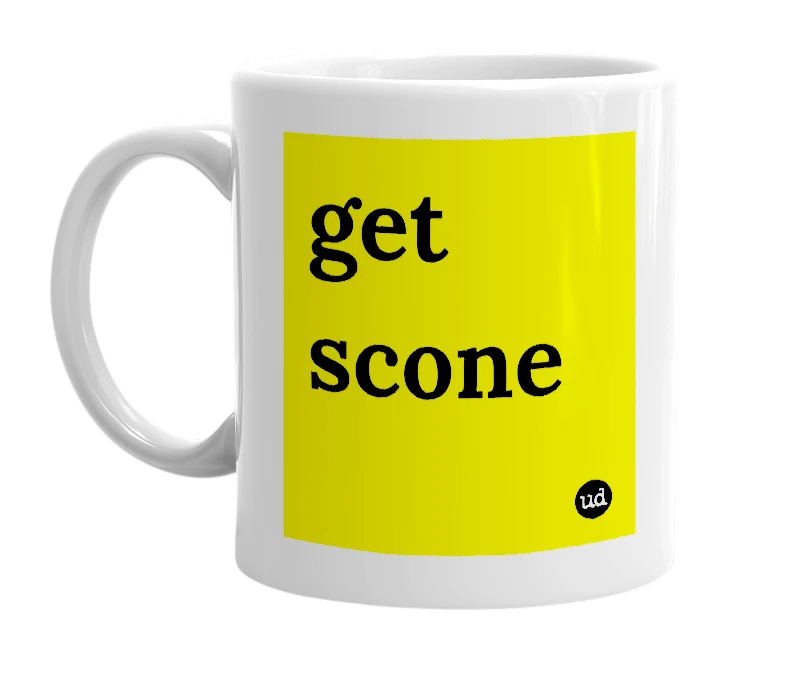 White mug with 'get scone' in bold black letters