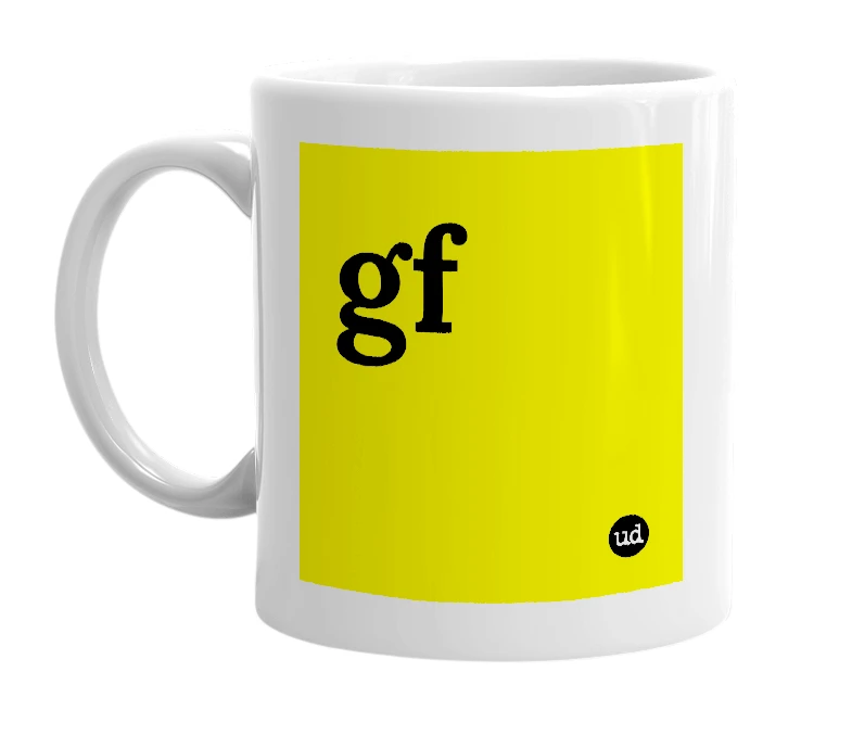 White mug with 'gf' in bold black letters