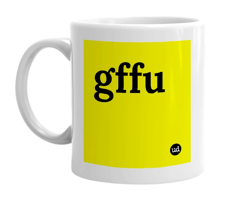 White mug with 'gffu' in bold black letters