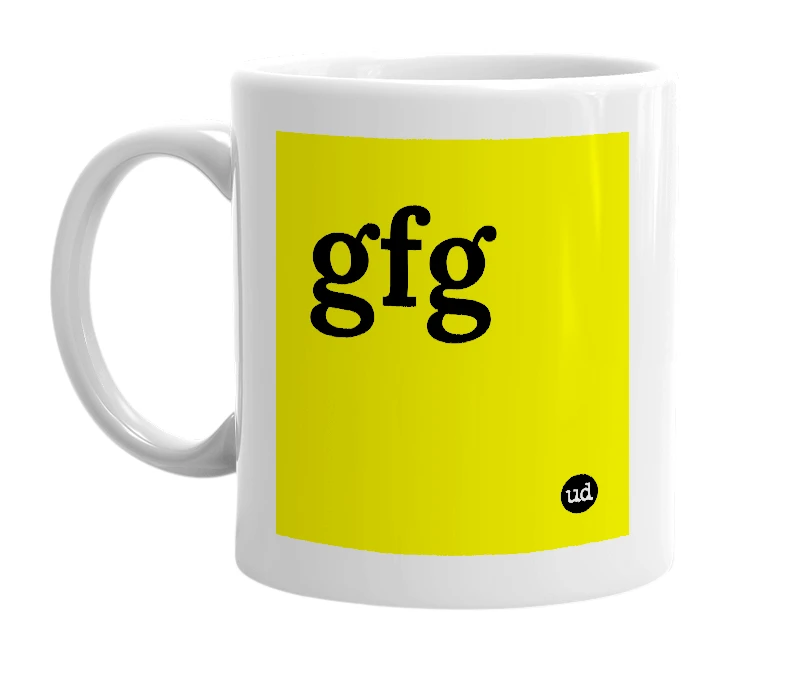 White mug with 'gfg' in bold black letters
