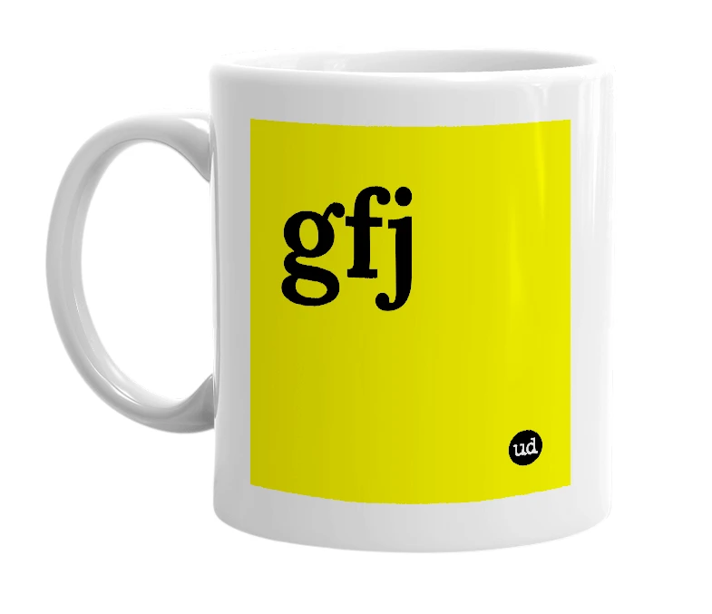 White mug with 'gfj' in bold black letters