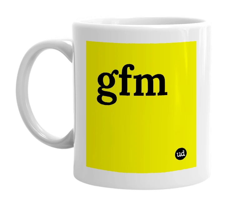 White mug with 'gfm' in bold black letters