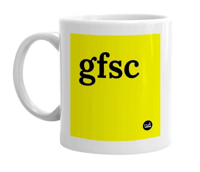 White mug with 'gfsc' in bold black letters