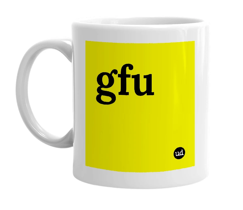 White mug with 'gfu' in bold black letters