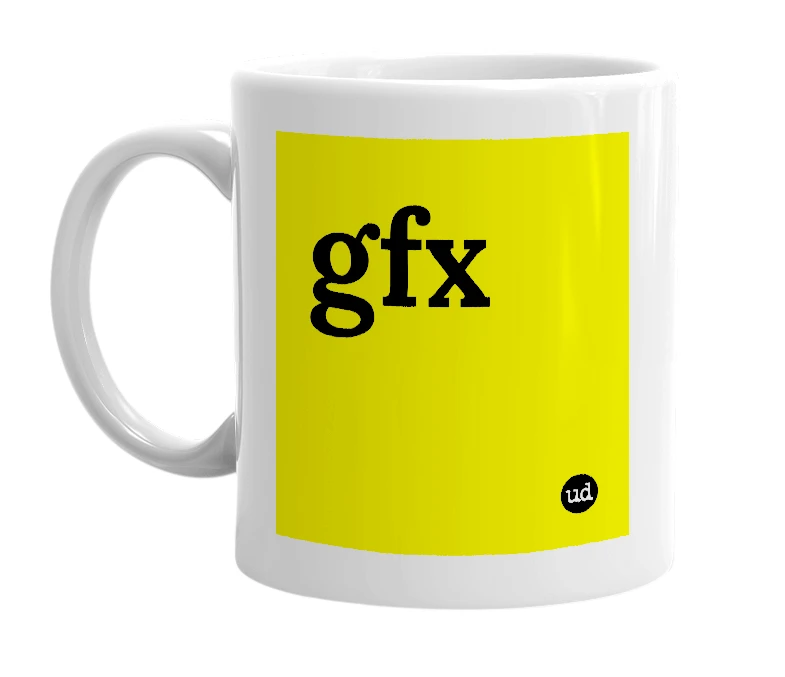 White mug with 'gfx' in bold black letters