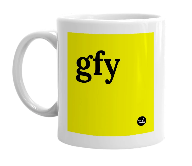 White mug with 'gfy' in bold black letters