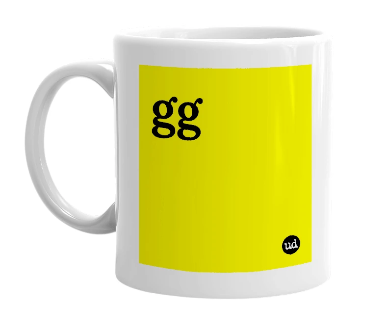 White mug with 'gg' in bold black letters