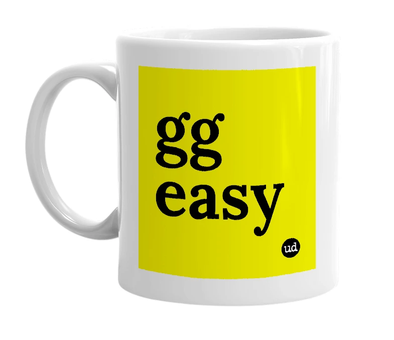 White mug with 'gg easy' in bold black letters