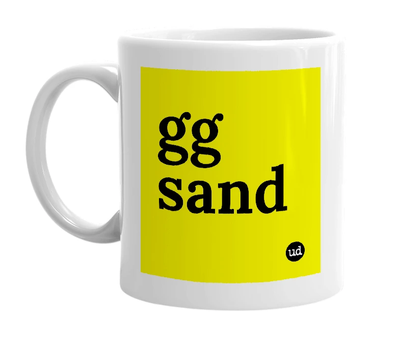 White mug with 'gg sand' in bold black letters