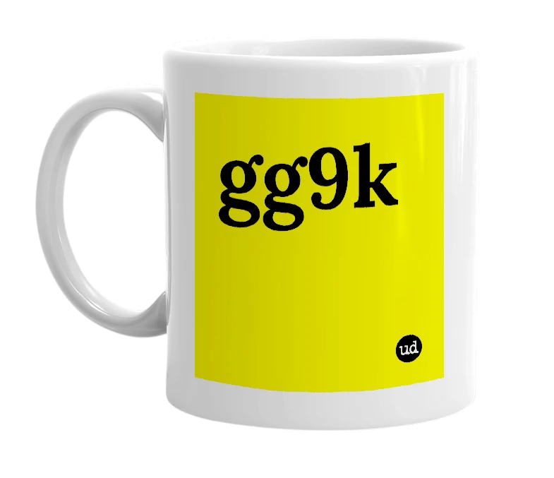 White mug with 'gg9k' in bold black letters
