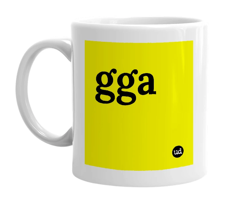 White mug with 'gga' in bold black letters