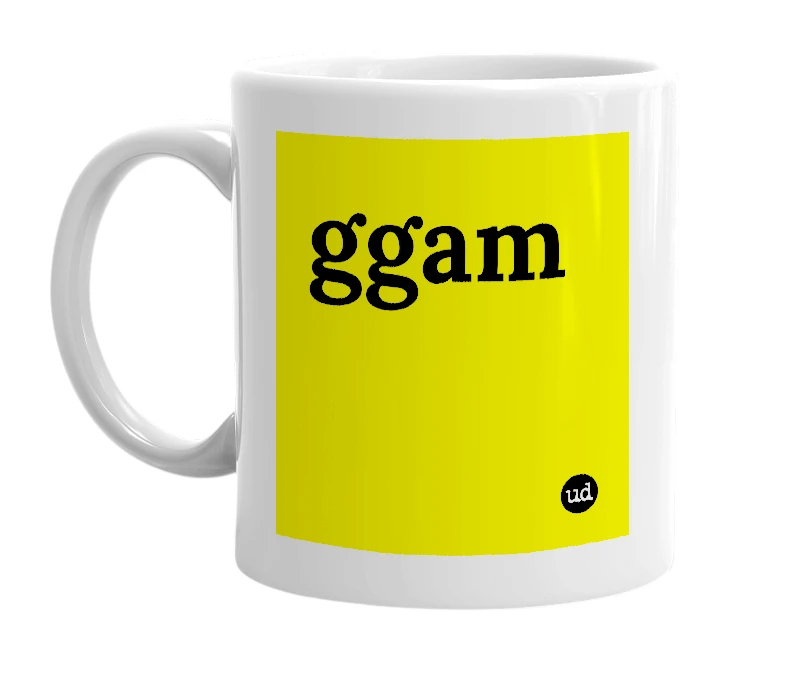 White mug with 'ggam' in bold black letters