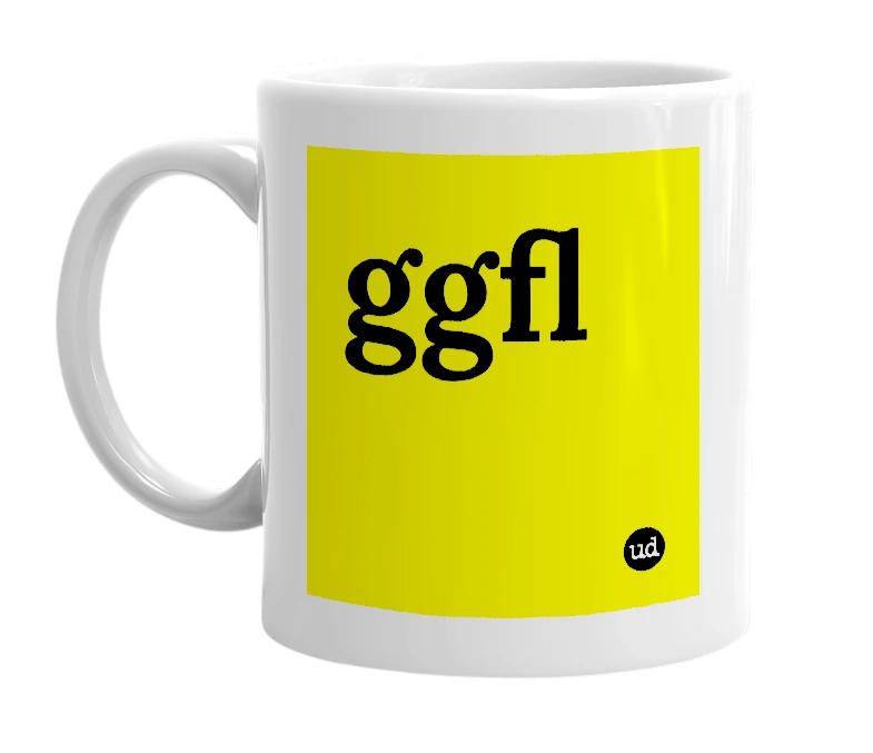 White mug with 'ggfl' in bold black letters