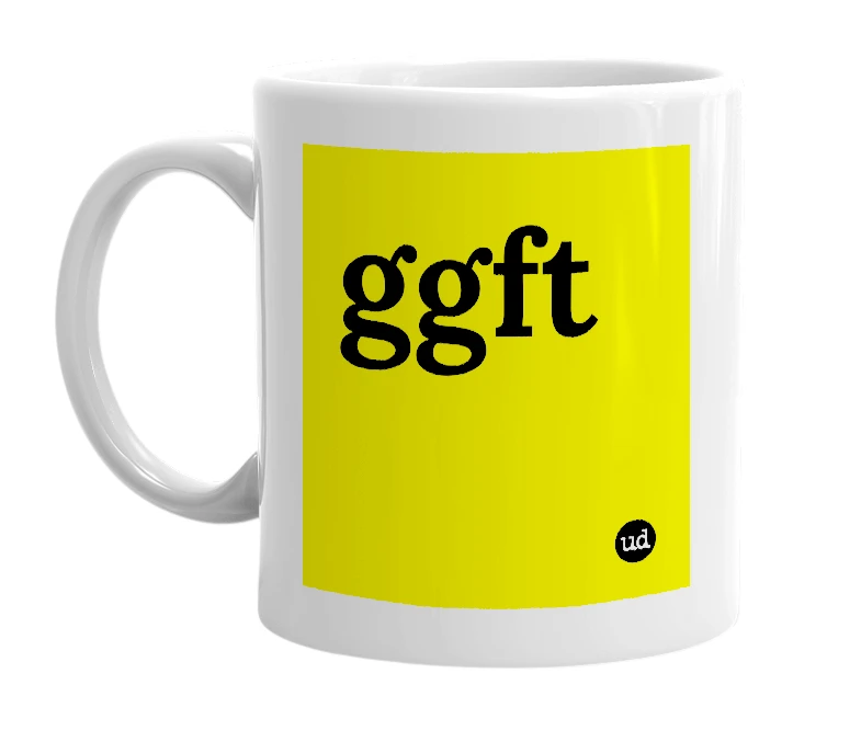White mug with 'ggft' in bold black letters