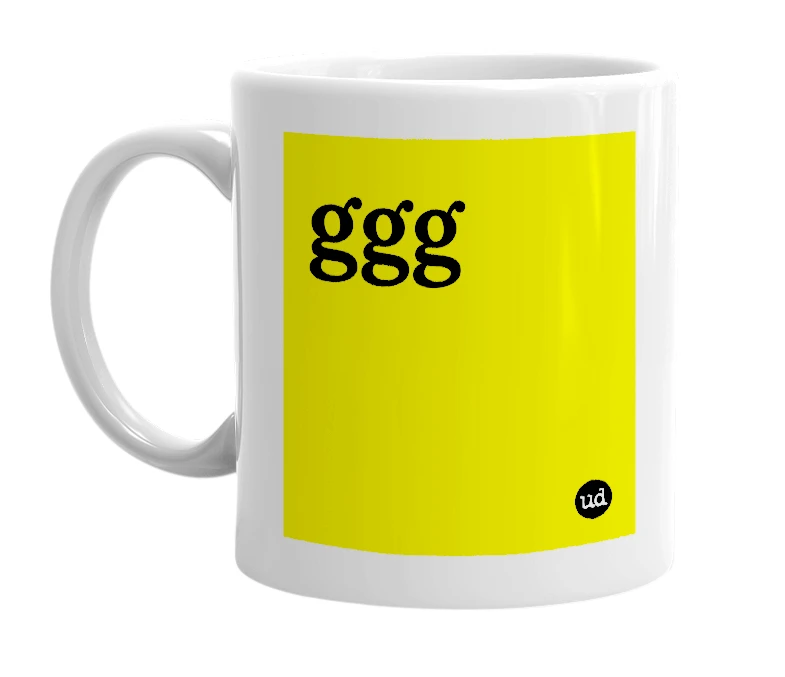 White mug with 'ggg' in bold black letters