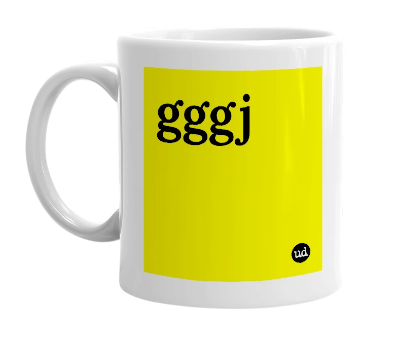 White mug with 'gggj' in bold black letters