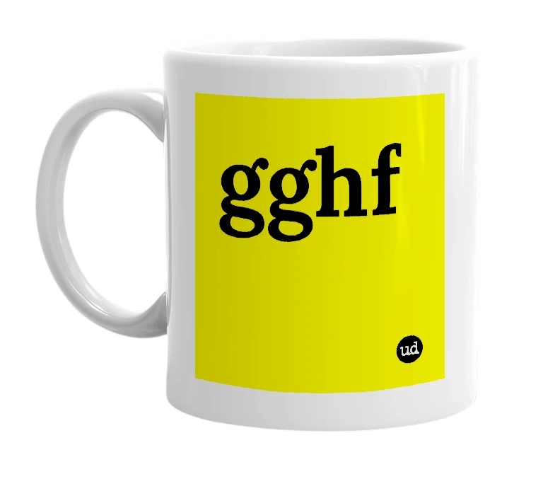 White mug with 'gghf' in bold black letters