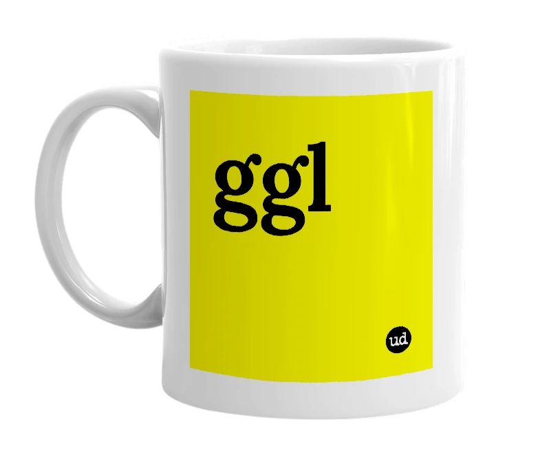 White mug with 'ggl' in bold black letters