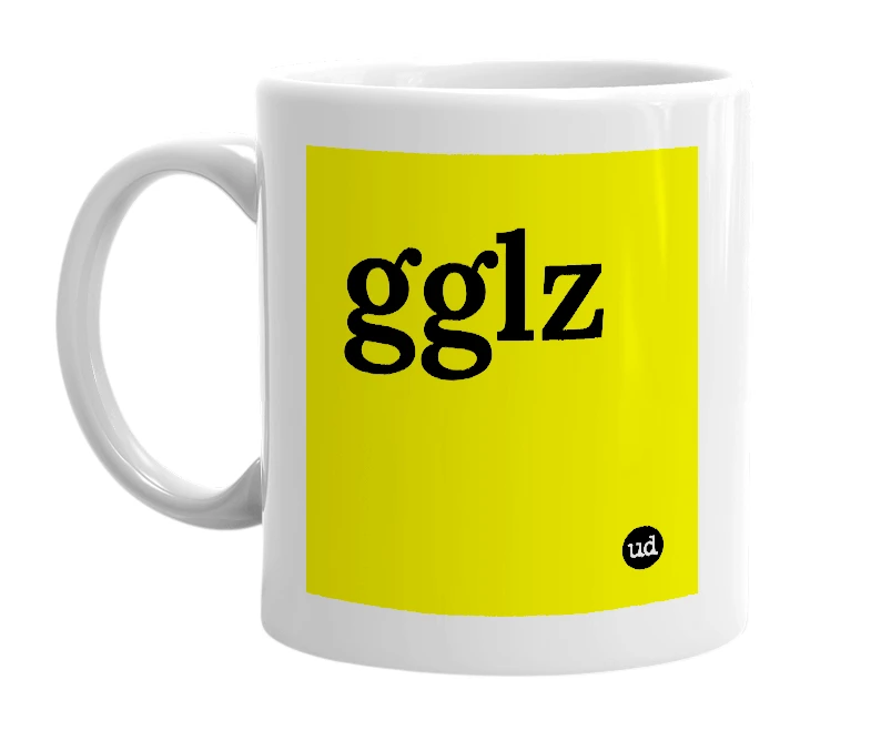 White mug with 'gglz' in bold black letters