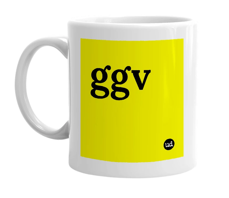 White mug with 'ggv' in bold black letters