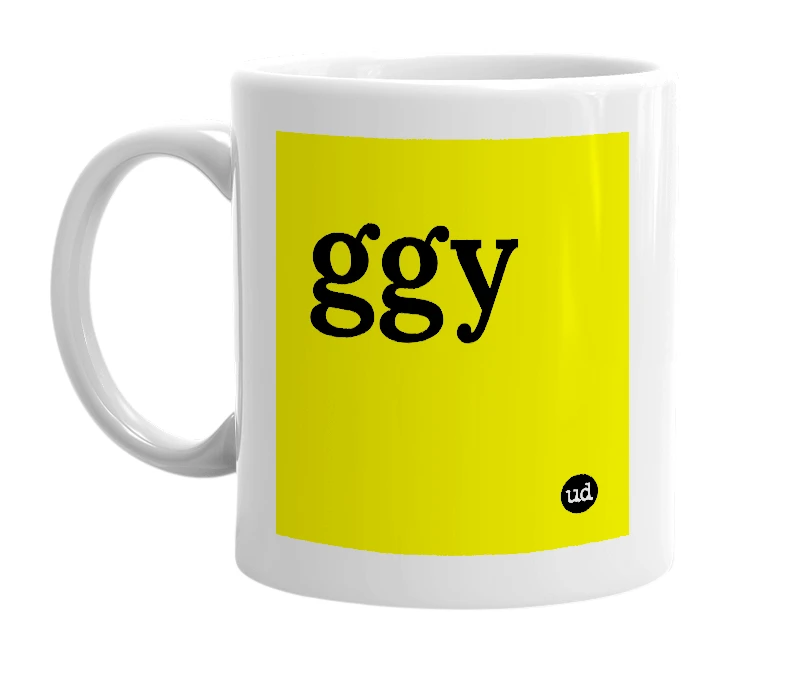 White mug with 'ggy' in bold black letters
