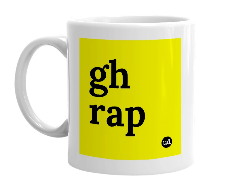 White mug with 'gh rap' in bold black letters