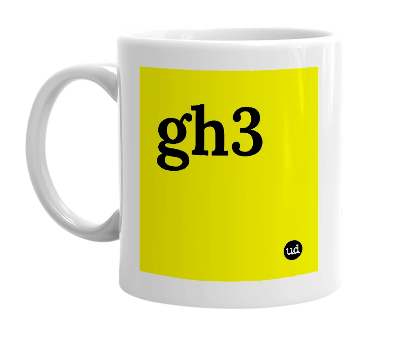 White mug with 'gh3' in bold black letters