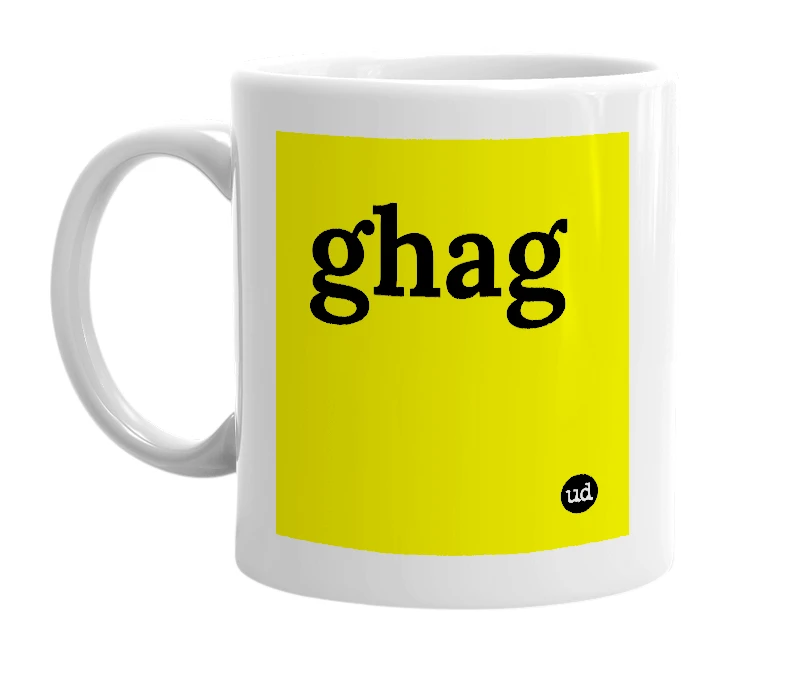 White mug with 'ghag' in bold black letters