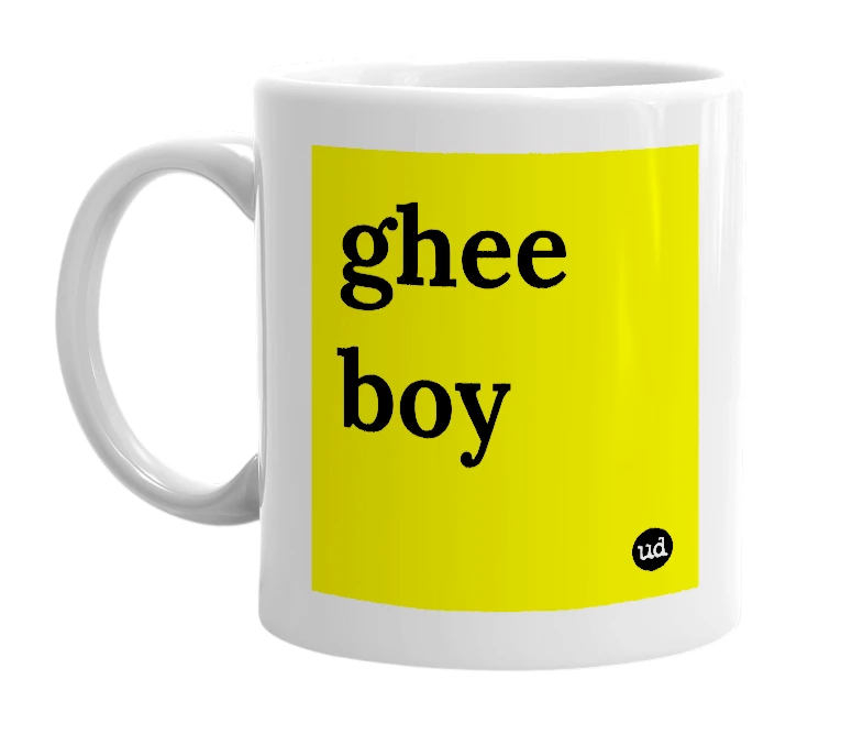 White mug with 'ghee boy' in bold black letters